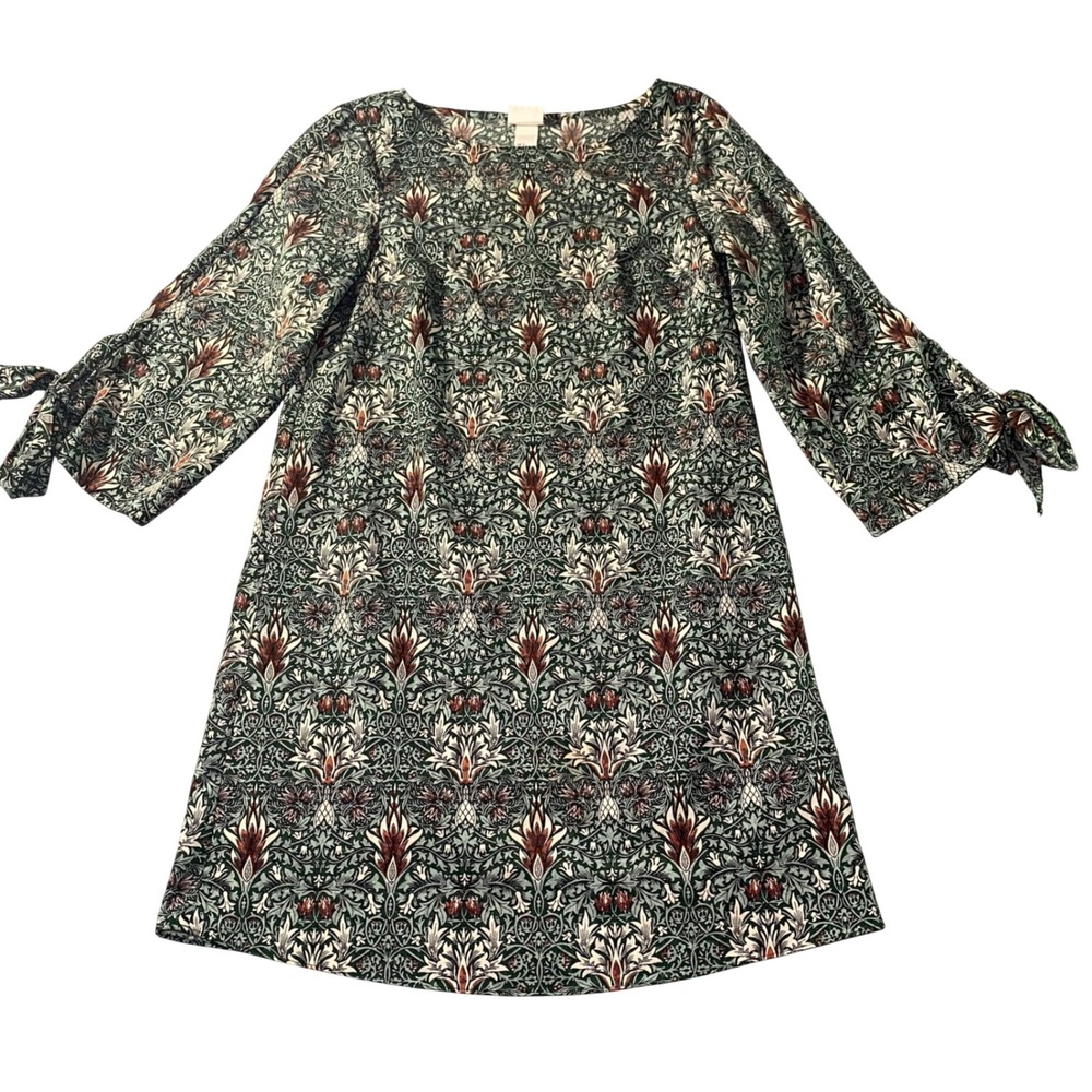 Morris & Co x H&M Dress Womens 2 Green Floral Tie Sleeve Shift Tunic‎ Boho EUC